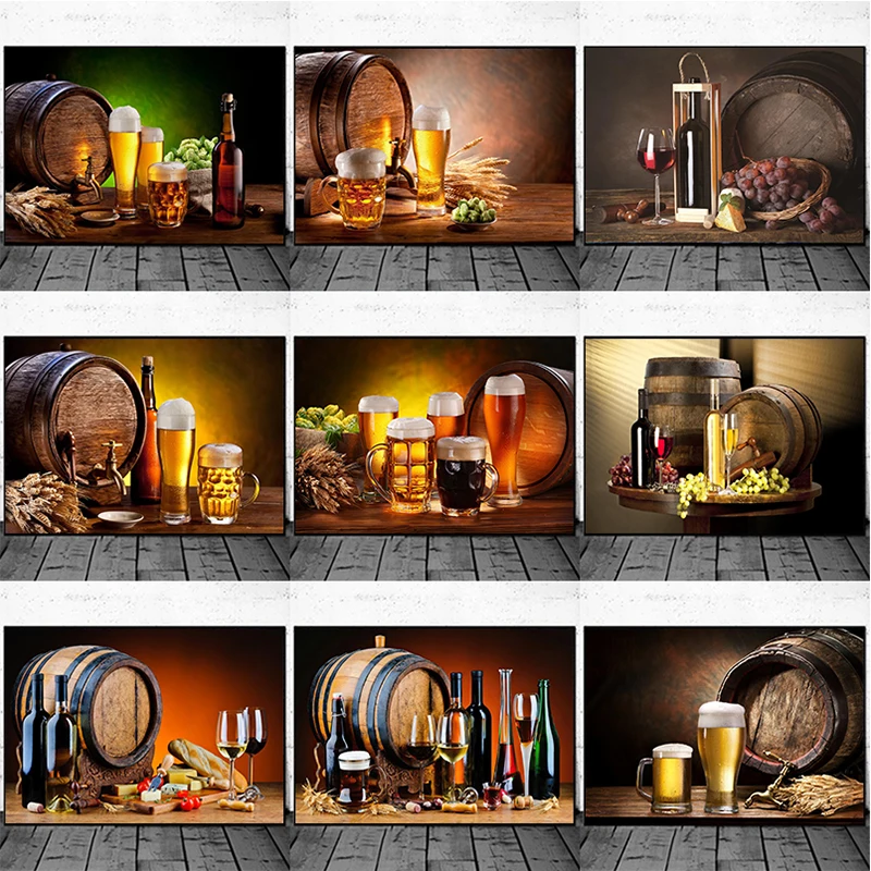 Beer Wine Hobby - ภาพวาดบนผ้าใบลายขวดไวน์แดง องุ่น เบียร์ สำหรับตกแต่งบ้าน ห้องนั่งเล่น สไตล์นอร์ดิก
