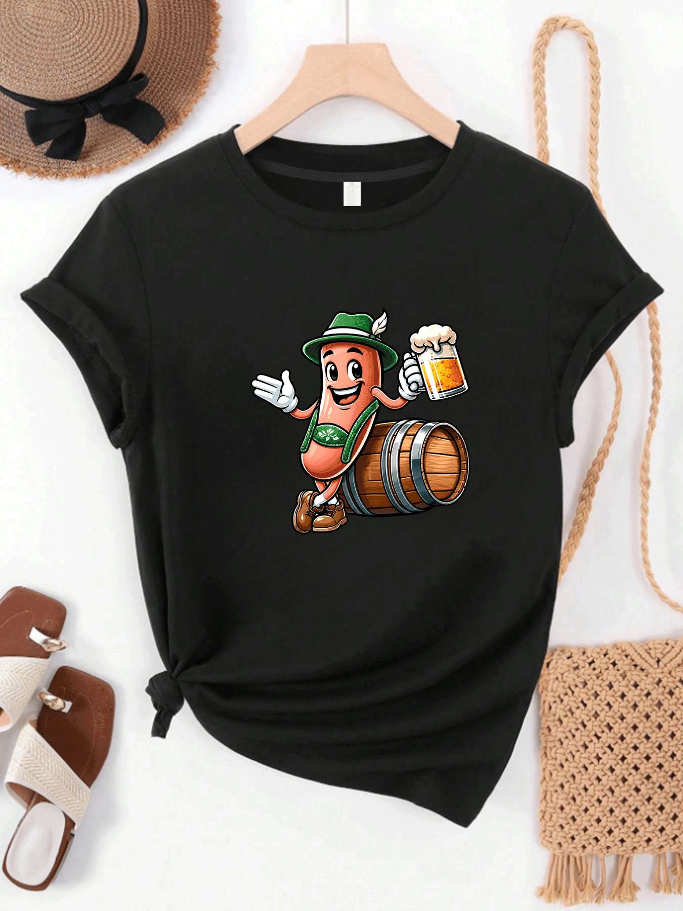 Wine Beer Festival - 【MYJ062655】เสื้อยืดผู้หญิงเทศกาลเบียร์ ลายถังไวน์ ลายรูปทรงเล็ก คอกลม เสื้อยืดแขนสั้นสำหรับผู้หญิง