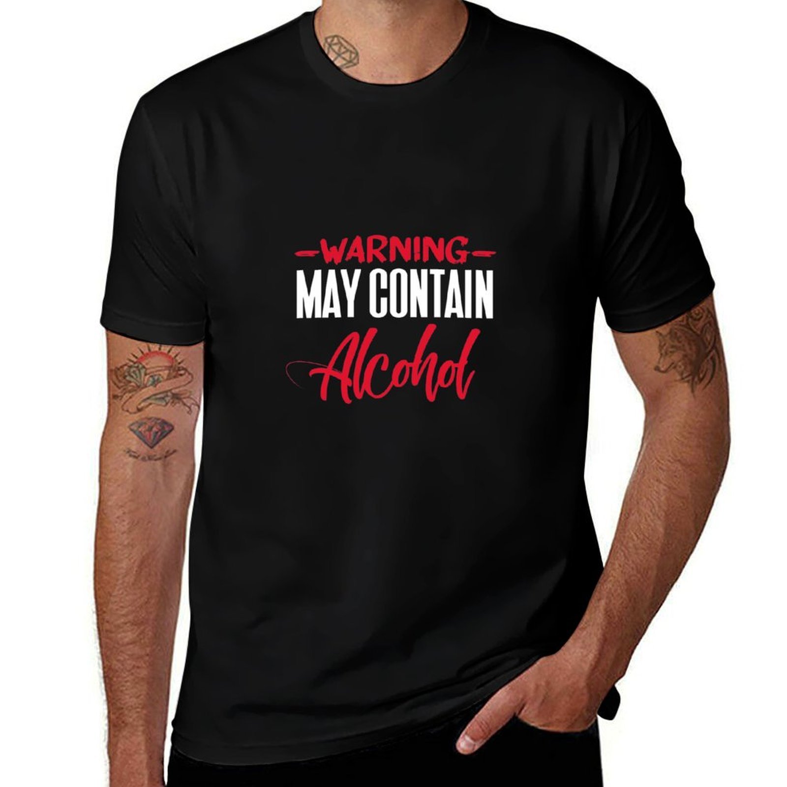 Wine To Beer Alcohol - คำเตือน: อาจมีแอลกอฮอล์ เบียร์ ไวน์ สุรา เสื้อยืดผู้ชาย
