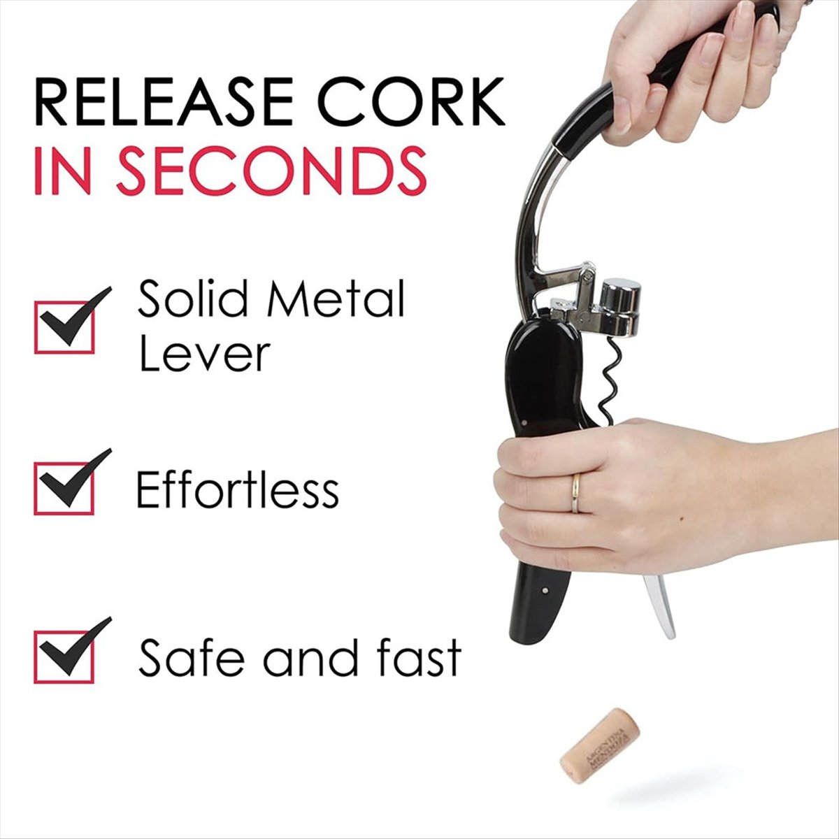 Cork Screw Lever - ที่เปิดขวดไวน์สแตนเลส A24I, ที่เปิดขวดแบบคันโยกแนวตั้งพร้อมที่ตัดฟอยล์ในตัว, ที่เปิดขวดแบบใช้มือ สีดำ