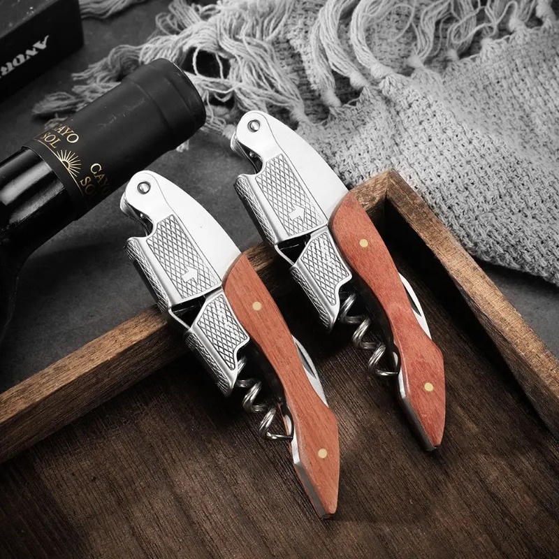Cork Screw Lever - ที่เปิดขวดไวน์แบบสปริงคู่ ทำจากสแตนเลสและไม้ 1 ชิ้น อุปกรณ์เสริมสำหรับบาร์เทนเดอร์และพนักงานเสิร์ฟ